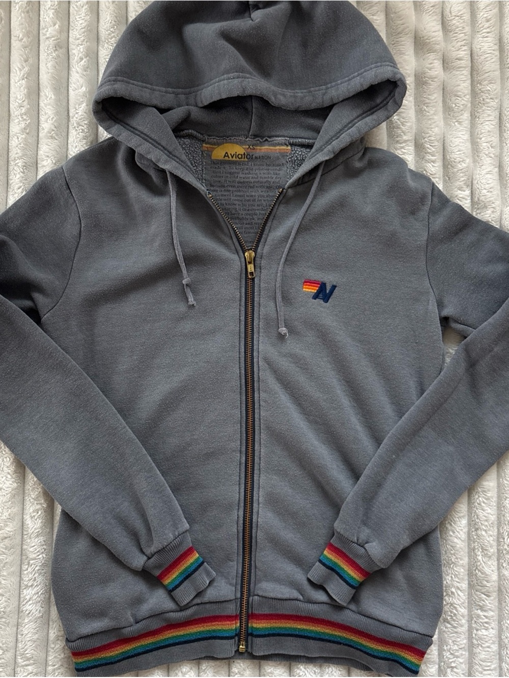 Aviator Nation XS Rainbow Trim Stripe Zip Up Hoodie Gray